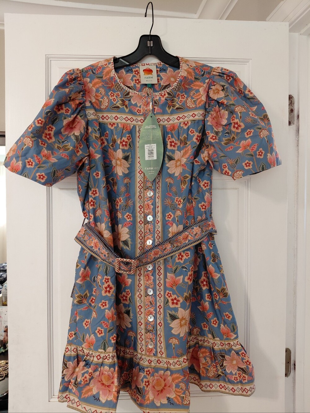 FARM Rio Blue Floral Puff-Sleeve Button-Front Dress with Waist Tie - Picture 2 of 7